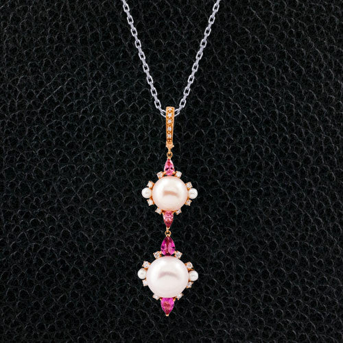 Pink Tourmaline, Pearl & Diamond Pendant