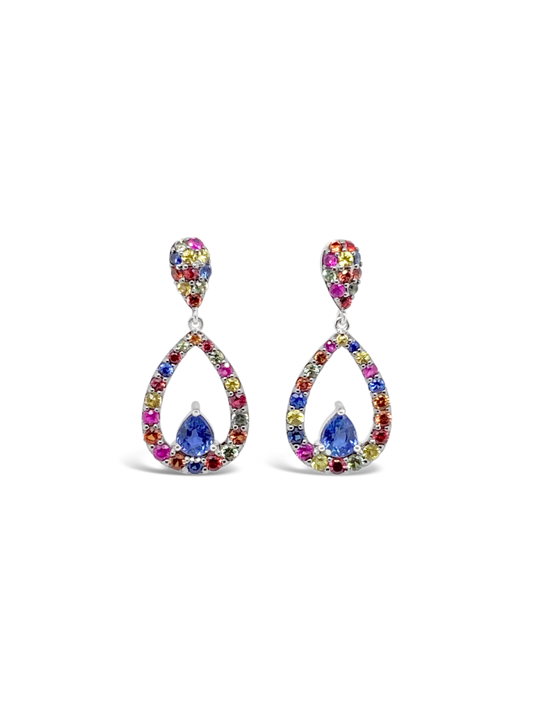 Pear Shaped Rainbow Sapphire Dangle Earrings